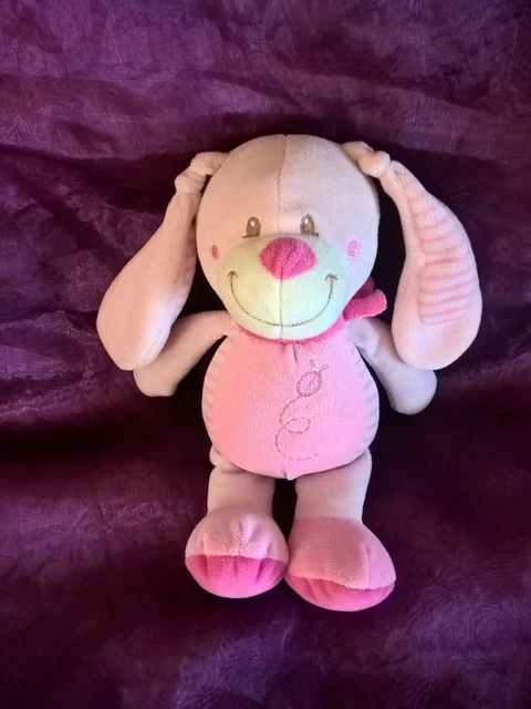 doudou peluche lapin rose blanc brodé coccinelle NICOTOY 27cm