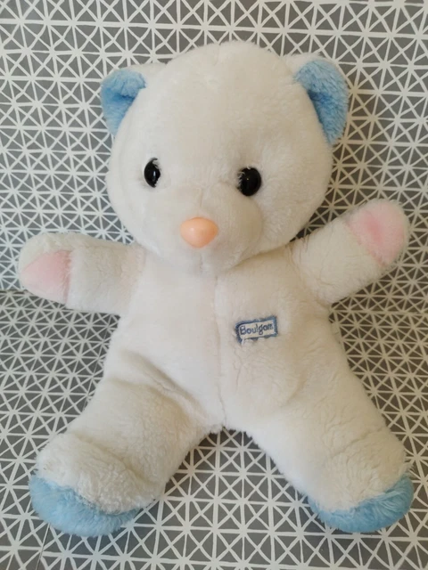 Peluche doudou vintage ours blanc bleu rose Boulgom 30 cm