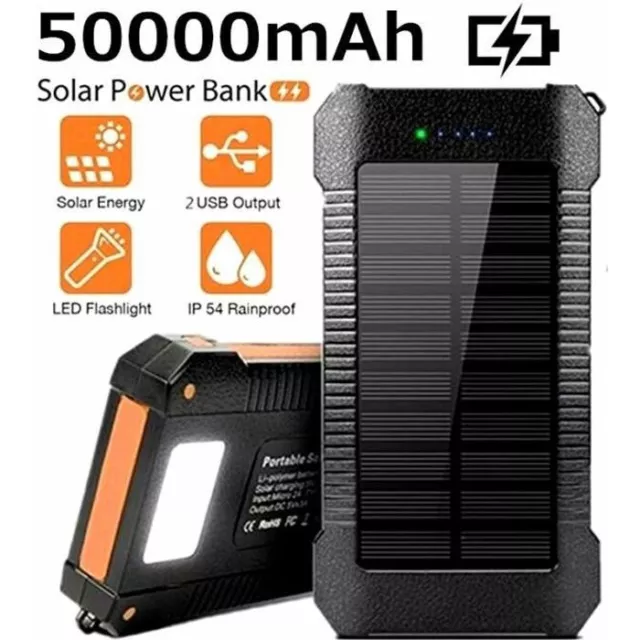 Batterie Externe Solaire 50000mAh Etanche Chargeur 2 ports USB LED ÉTANCHE