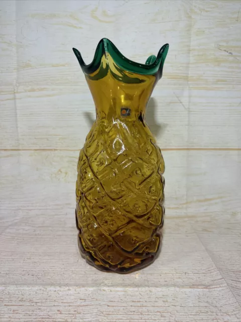 Blenko Pineapple Vase #9352 Topaz w/Emerald Rim 13” (b3)