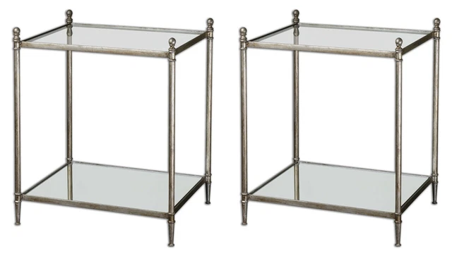 Two Gannon Modern Xxl 27" Forged Iron Mirror Shelf Glass Top End Table Uttermost