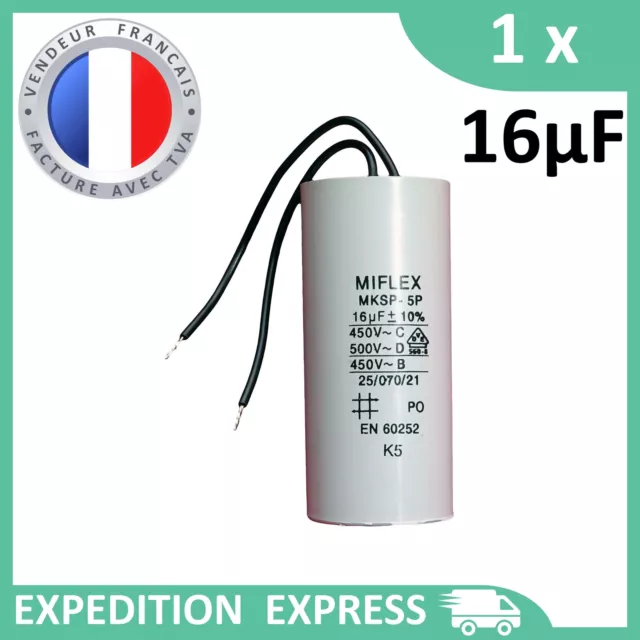 Condensateur moteur 16µF 16uF 450V à fils MKSP-5P démarrage/permanent