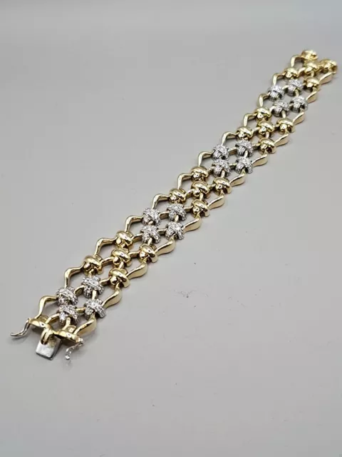 18K Gold & Diamond Wide Chunky Link Statement Bracelet Flat Triple Row Italy Art