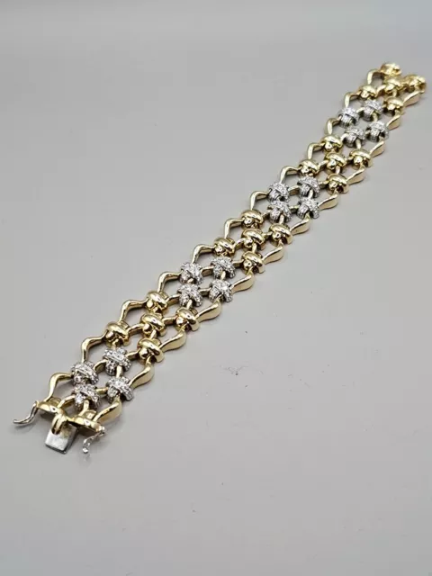 18K Gold & Diamond Wide Chunky Link Statement Bracelet Flat Triple Row Italy Art 18K Gold & Diamond Wide Chunky Link Statement Bracelet Flat Triple Row Italy Art