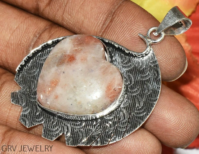 Heart Shape Sunstone Gemstone 2.1" Pendant 925 Silver Plated U473-C144