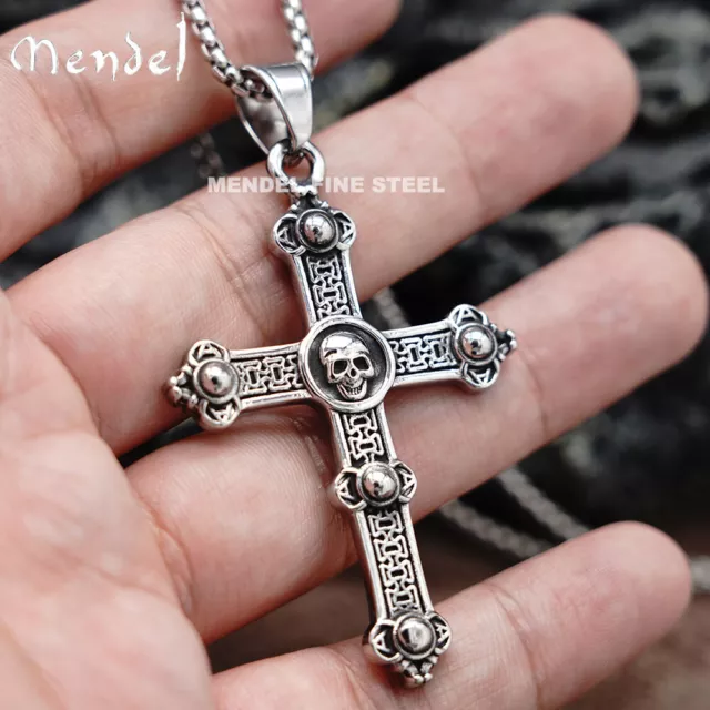 MENDEL Mens Stainless Steel Gothic Biker Skull Punk Cross Pendant Necklace Men