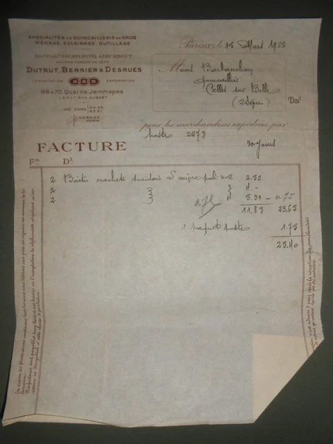 Ancienne Facture G. Niolet – Ch. Duquesnoy – Métaux, Niort – 1921