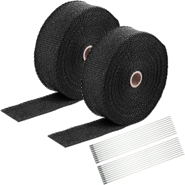 2 Roll x 2" 50Ft Black Fiberglass Exhaust Header Pipe Heat Wrap Tape 20 Ties Kit