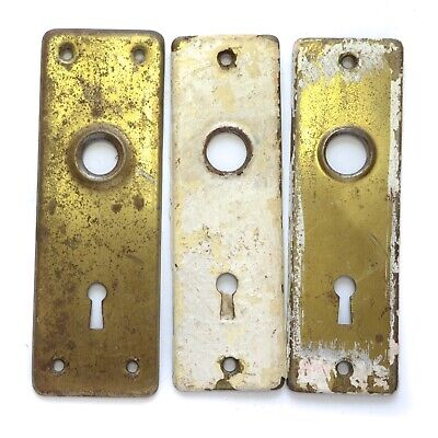 Lot of 3 Brass Tone Vintage Door Knob Backplates Key Hole 6" x 2" Mid-Century