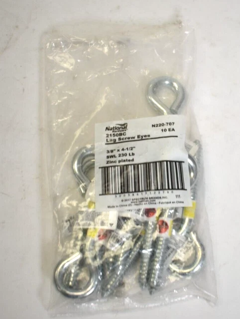 10 National Hardware 2150BC Lag Screw Eyes 3/8" x 4-1/2" SWL 230lb Zinc Plated
