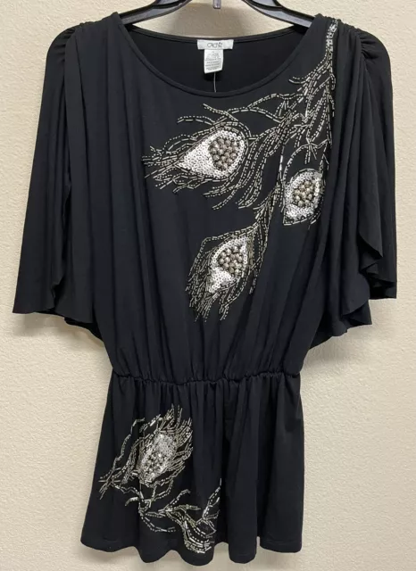 Cache Black Sequins Top Size XS Short Flutter Dolman Sleeve NEW Y2K