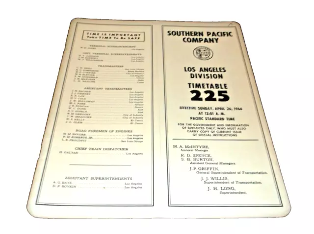 1964 Southern Pacific Los Angeles Division Employee Timetable #225