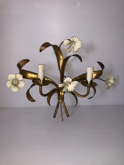 ancienne Applique Murale décor de Fleurs en metal Doré vintage