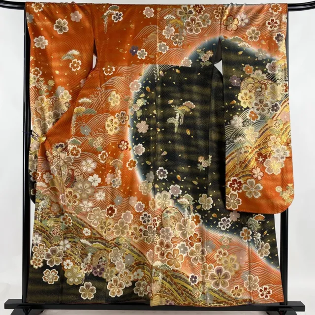 Japanese Silk Kimono Vintage Furisode Gold Drum Flowers Grass Dyeing Brown 61"