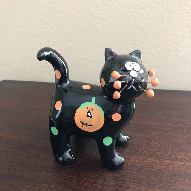 Whimsical Cat Figurine Black with Polka Dots Halloween Pumpkin