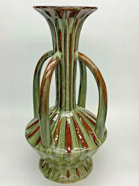 Large 4 Handled  22" Tall Art Deco Style Nouveau Vase Green Brown Drip Glaze