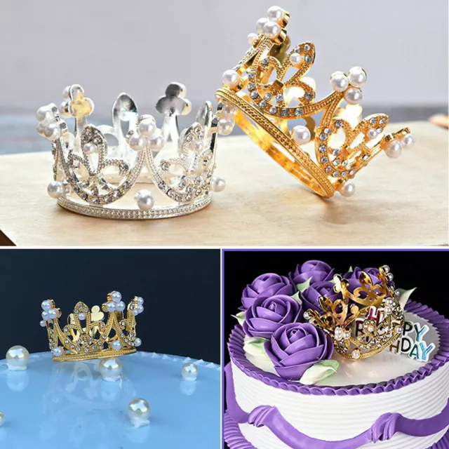 Crown Cake Toppers Crystal Pearl Tiara Kids Hair Ornament Birthday Party Decor