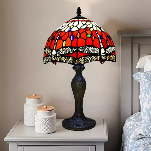 Tiffany style Table Lamp 10 inch Red Dragonfly Glass Handcafted Art 16.5" Height