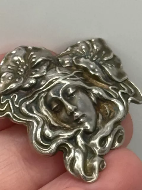 Antique Unger Brothers Art Nouveau Sterling Silver Woman Flower Brooch Pin 3