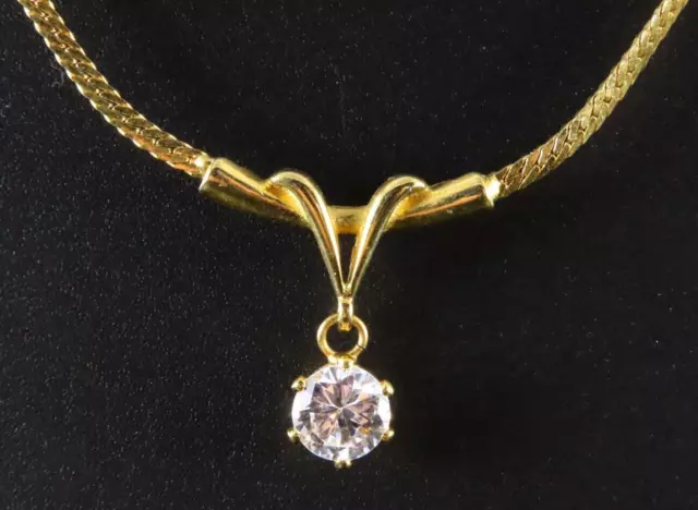 VTG Lind 14K GE Yellow Gold Plate HERRINGBONE CHAIN NECKLACE Clear CZ Y-Pendant