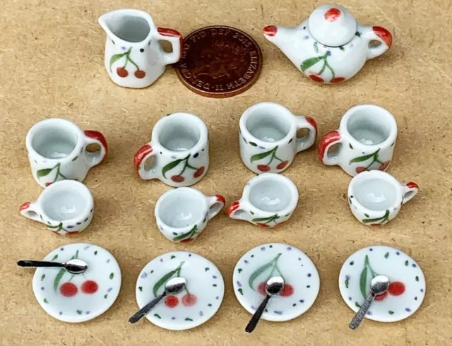19 Piece Ceramic Tea Set With A Cherry Motif Tumdee 1:12 Scale Dolls House TS10