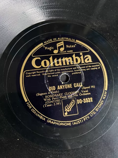 78 Rpm Rosemary Clooney - Did Anyone Call/Half As Much - Columbia Record