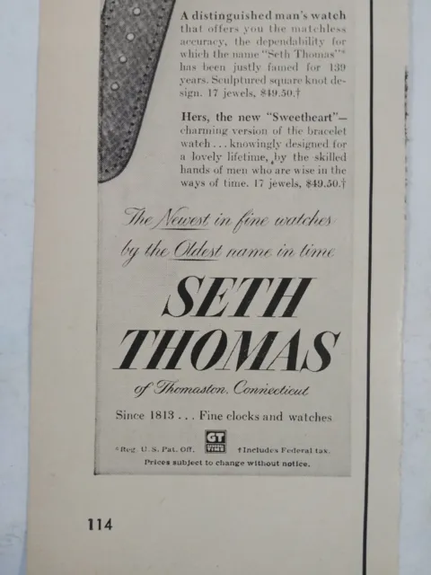 1952 Seth Thomas Clocks and Watches Print Ad Vintage Life Magazine Advertisement 3