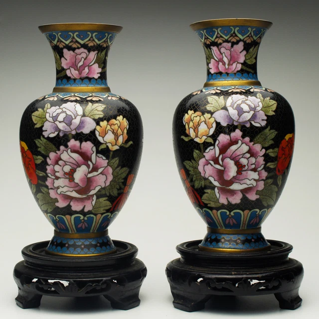 Pair of 20th Century Chinese Cloisonné Vases with Carved Wood Stands