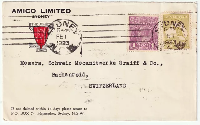 Australien, Brief Sydney - Beckenried (CH) 1923, Ausgaben-Mischfrankatur