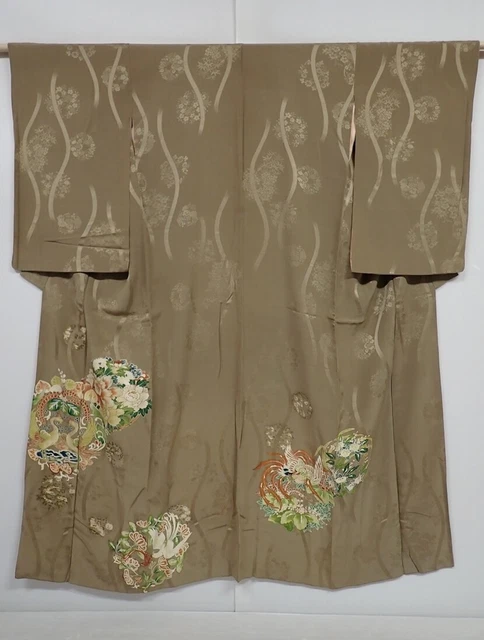 0621N04z720 Vintage Japanese Kimono Silk KO-FURISODE Olive-Gray Bird