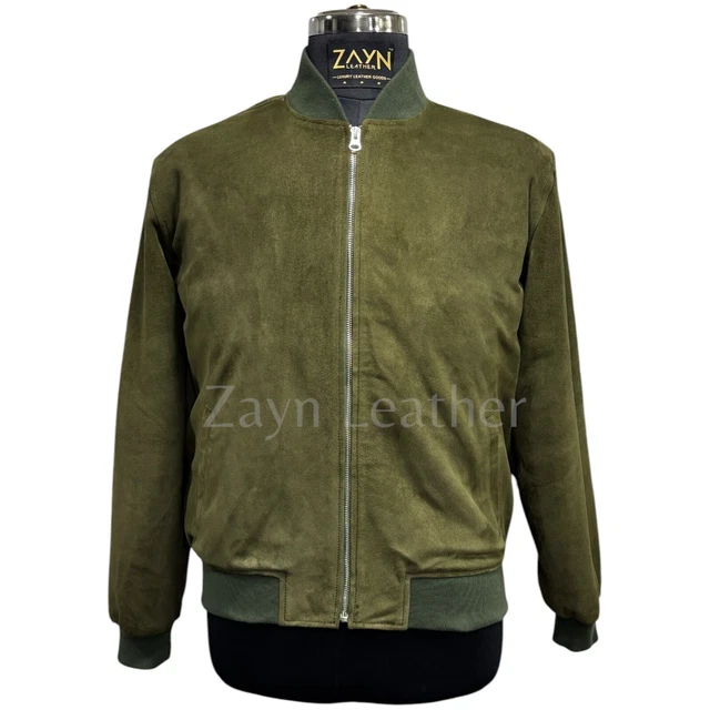 Blouson Bomber Homme En Cuir Daim Véritable - Vert - Style Vintage - Neuf Avec étiquettes
