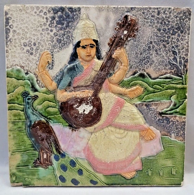 Antique Sarasvati Raja Ravi Varma Tile Painting Object Majolica Art India #352