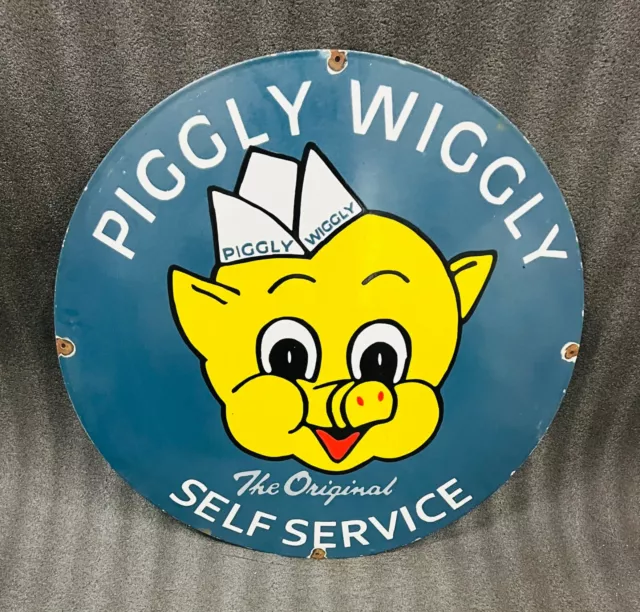 Rare Vintage Porcelain Piggly Wiggly Self Service 30 Inches Round Enamel Sign