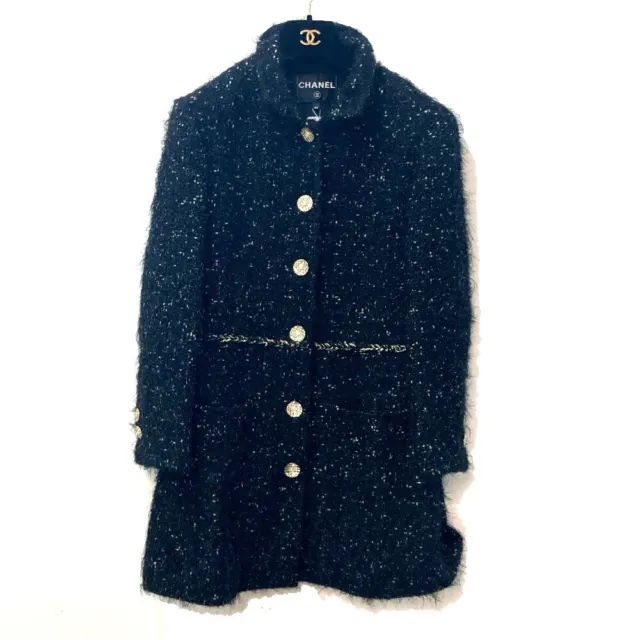 CHANEL P73115 22A Glitter Tweed Matelasse CC Mark Button outer Long coat Black