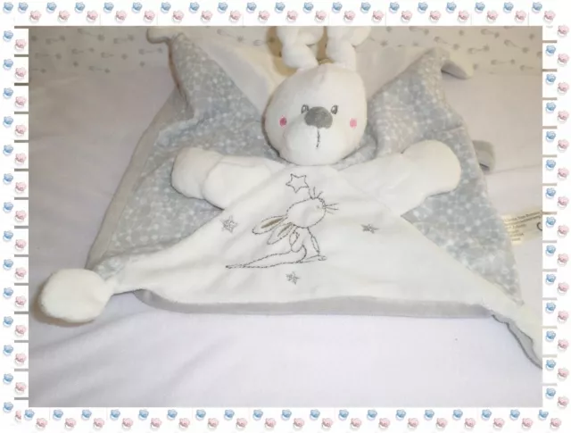 M - Doudou Plat Carré Lapin Blanc Gris Attache Sucette  Etoiles Simba Toys 2