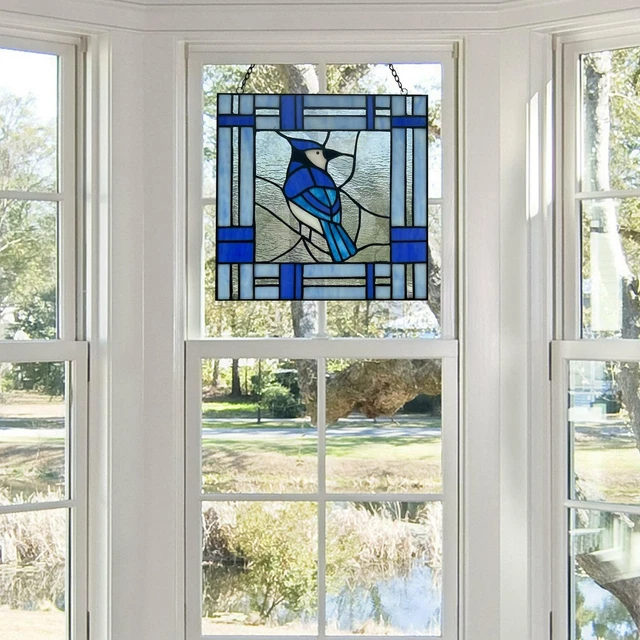 Blue Jay Bird Stained Glass Window Panel Suncatche 11in x11in 75 Handcut Pieces