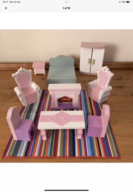 Chunky Wooden Dolls House Furniture X 10 Items