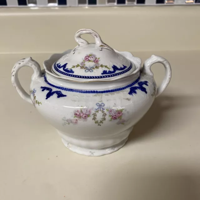 Antique WH Grindley and Co Sugar Bowl England Blue White & Floral Cottage Core