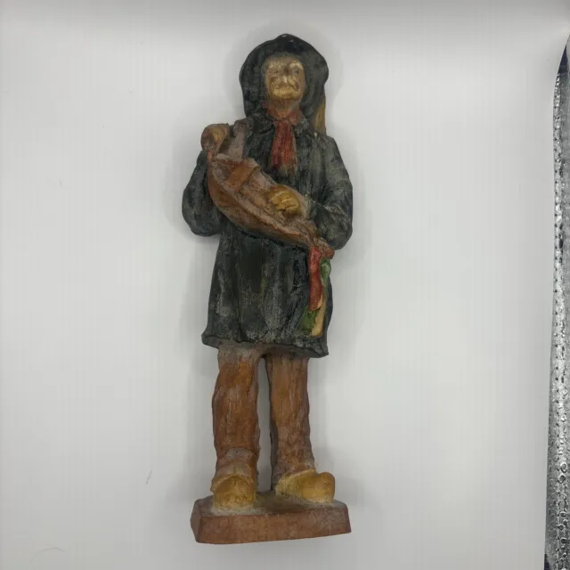 Vintage French Hand Carved Sic Old Man Playing Musical Instrument Figure