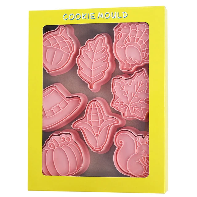 8Pcs Fall Thanksgiving Cookie Cutter Pumpkin Maple Leaf 3D Biscuit Mold Stamp