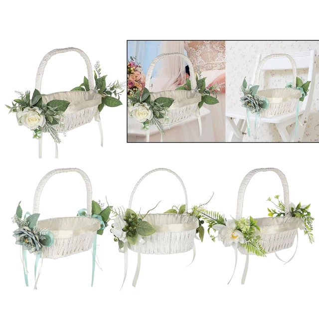 Panier Fleurs Blanc Avec Poignées Pour Mariage - Décoration Cérémonie, Fête - Plumes Et Dentelle