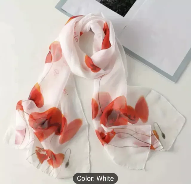 White & Red Floral Fashion Scarf -Women's Chiffon Printed Silk Soft Fashion Wrap