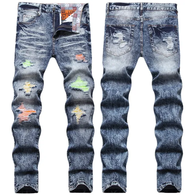 Mens Stretch Casual Skinny Ripped Jeans Distressed Denim Pants Patched Trousers