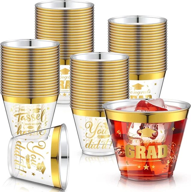 Congrats Grad Gold Plastic Cups 72 Pcs, 9 Oz Clear Graduation Party Plastic Cups