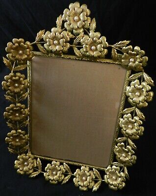 Vintage Brass Floral Easel Picture Frame Pearl Ornate Gold Flowers 8x10 Photo