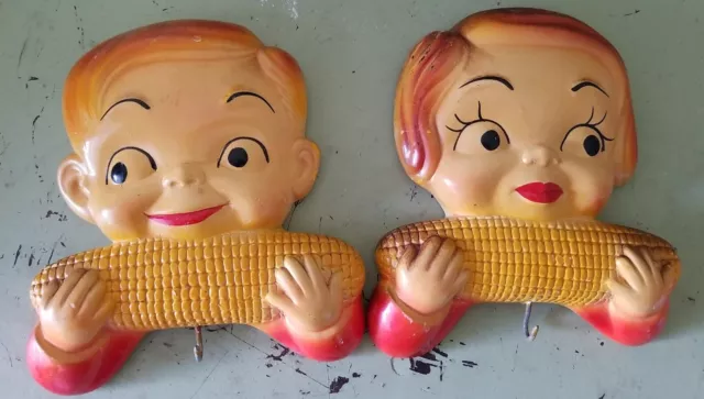 Vintage Miller Studio Chalkware Boy Girl Eating Corn Wall Hanger w Hooks 1955 Vintage Miller Studio Chalkware Boy Girl Eating Corn Wall Hanger w Hooks 1955