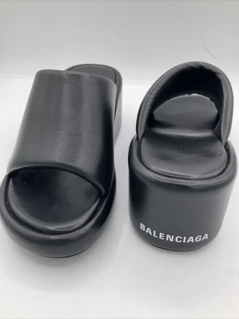 BALENCIAGA Rise Black Lambskin Wedge Slide Platform Sandals EU 37 ORG $850