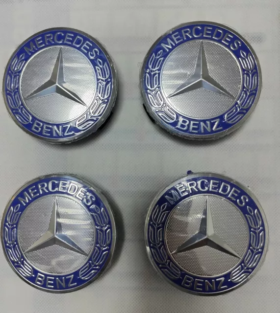 4x Cache Moyeu Logo Mercedes Bleu Centre Roue 75mm