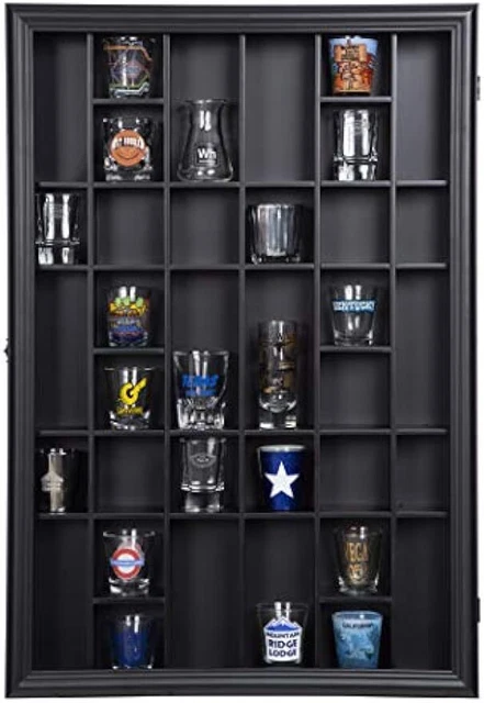 36 Slots Black Shot Glass Case Wall Mounted Display Case Cabinet Box, 17x26