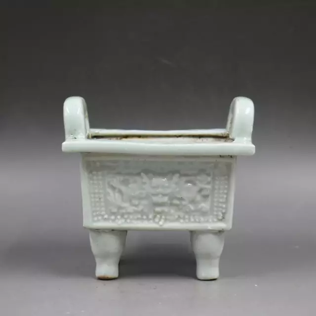 China Yuan Celadon Porcelain Incense Burner Carved Dragon Quadruped Censer 4.65"